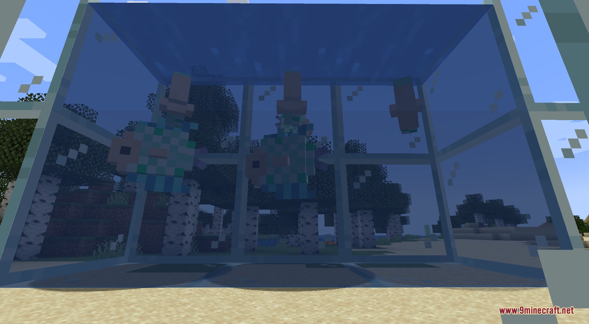 Fishing Frenzy Mod Screenshot 7 New fish species swimming inside a glass aquarium tank in Minecraft