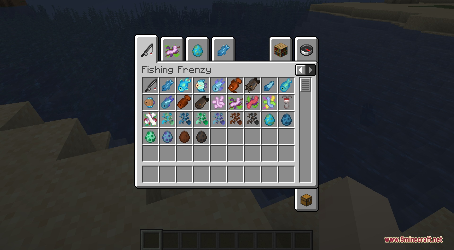 Fishing Frenzy Mod Screenshot 8 Inventory screen showing a wide variety of custom fish and fishing items