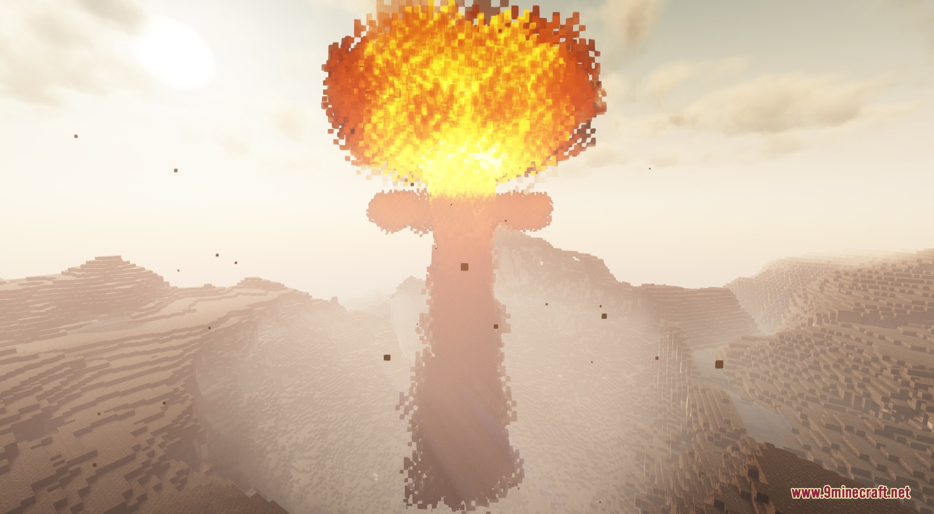 Fissionized Legacy Redux Mod Screenshot 1 Massive nuclear mushroom cloud rising over a blocky desert landscape