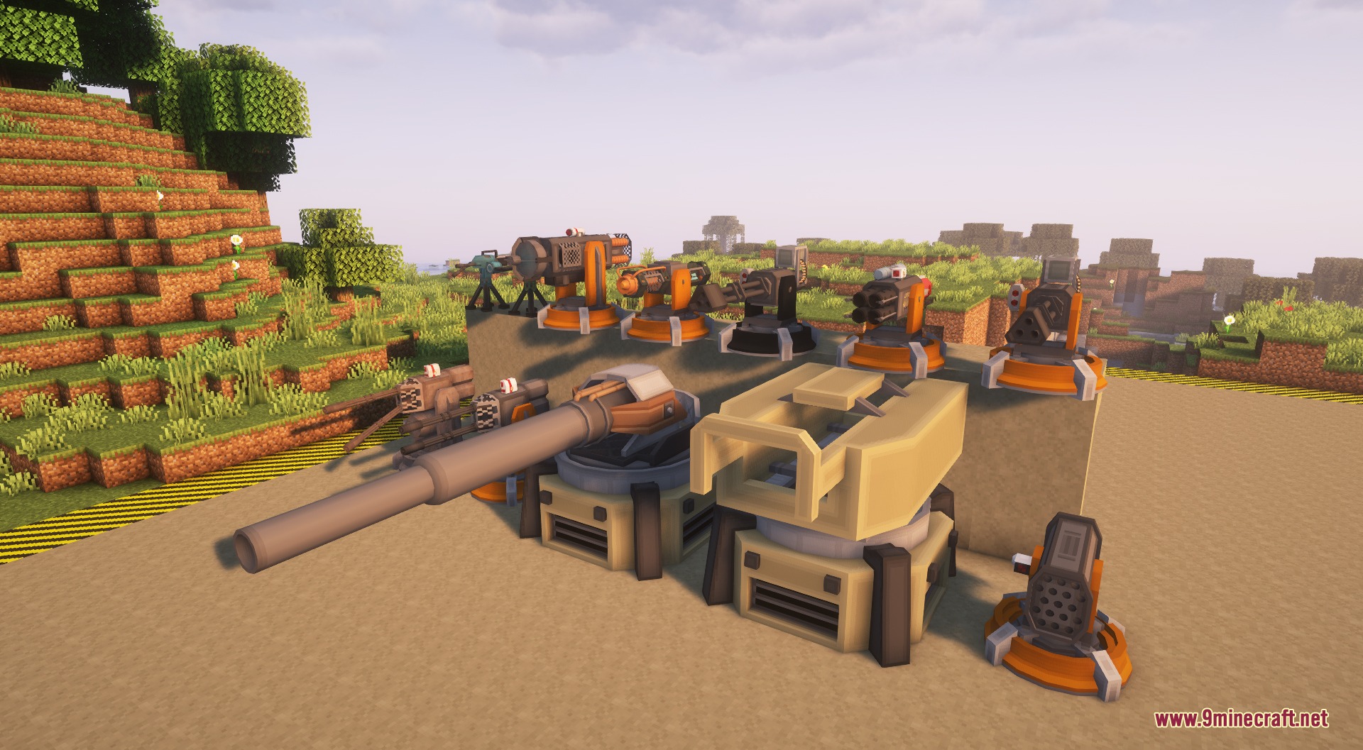 Fissionized Legacy Redux Mod Screenshot 4 Automated defense turrets and heavy artillery cannons arranged on a concrete base