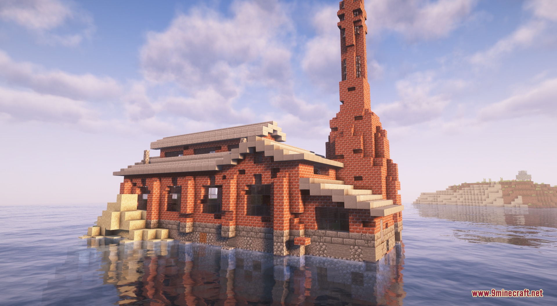 Fissionized Legacy Redux Mod Screenshot 6 Abandoned brick industrial factory with a tall chimney in the ocean