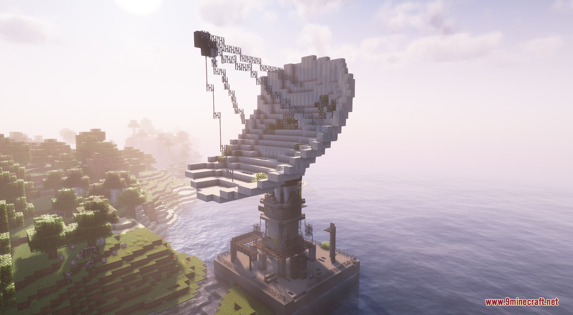 Fissionized Legacy Redux Mod Screenshot 8 Large radar dish structure built on a platform over the ocean water