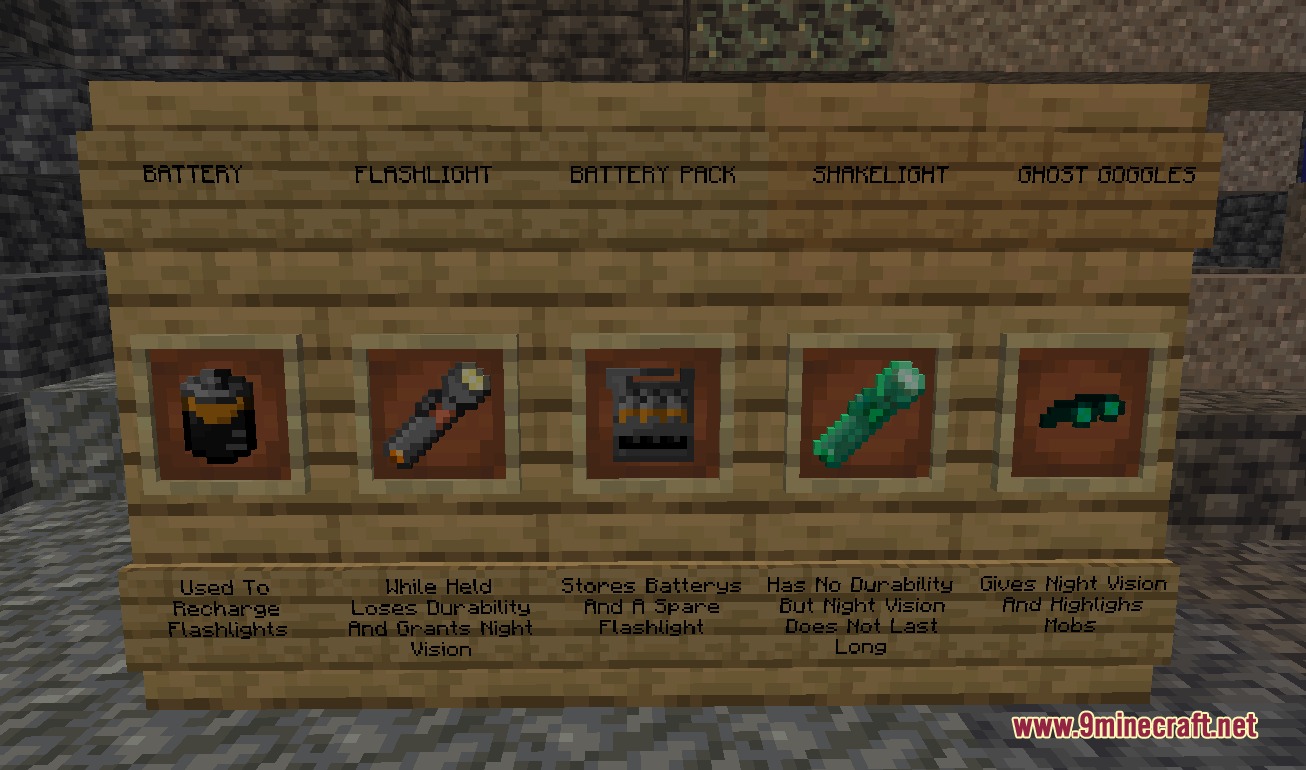 Flash 'N Light Mod Screenshot 2 Flash N Light Mod items displayed on item frames with descriptive wooden signs