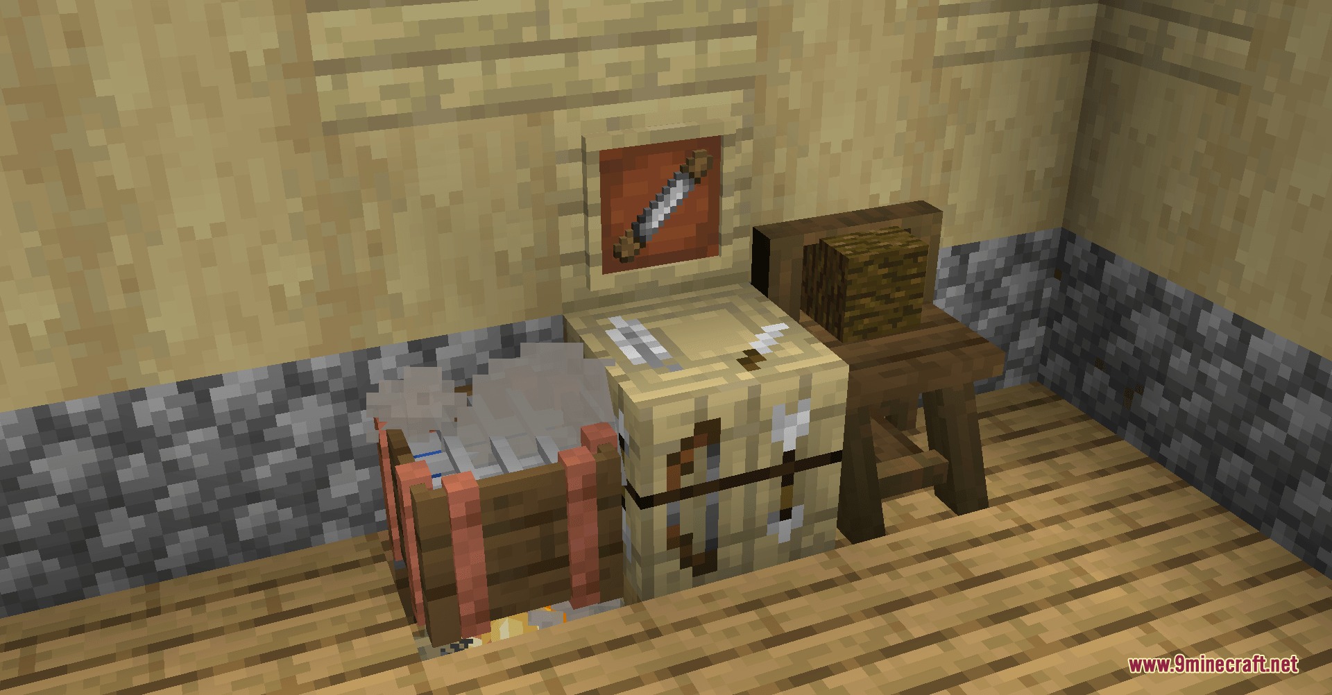 Fletcher's Trestle Archery Mod Screenshot 1 Custom crafting stations including a fletching table and steam box for bow making
