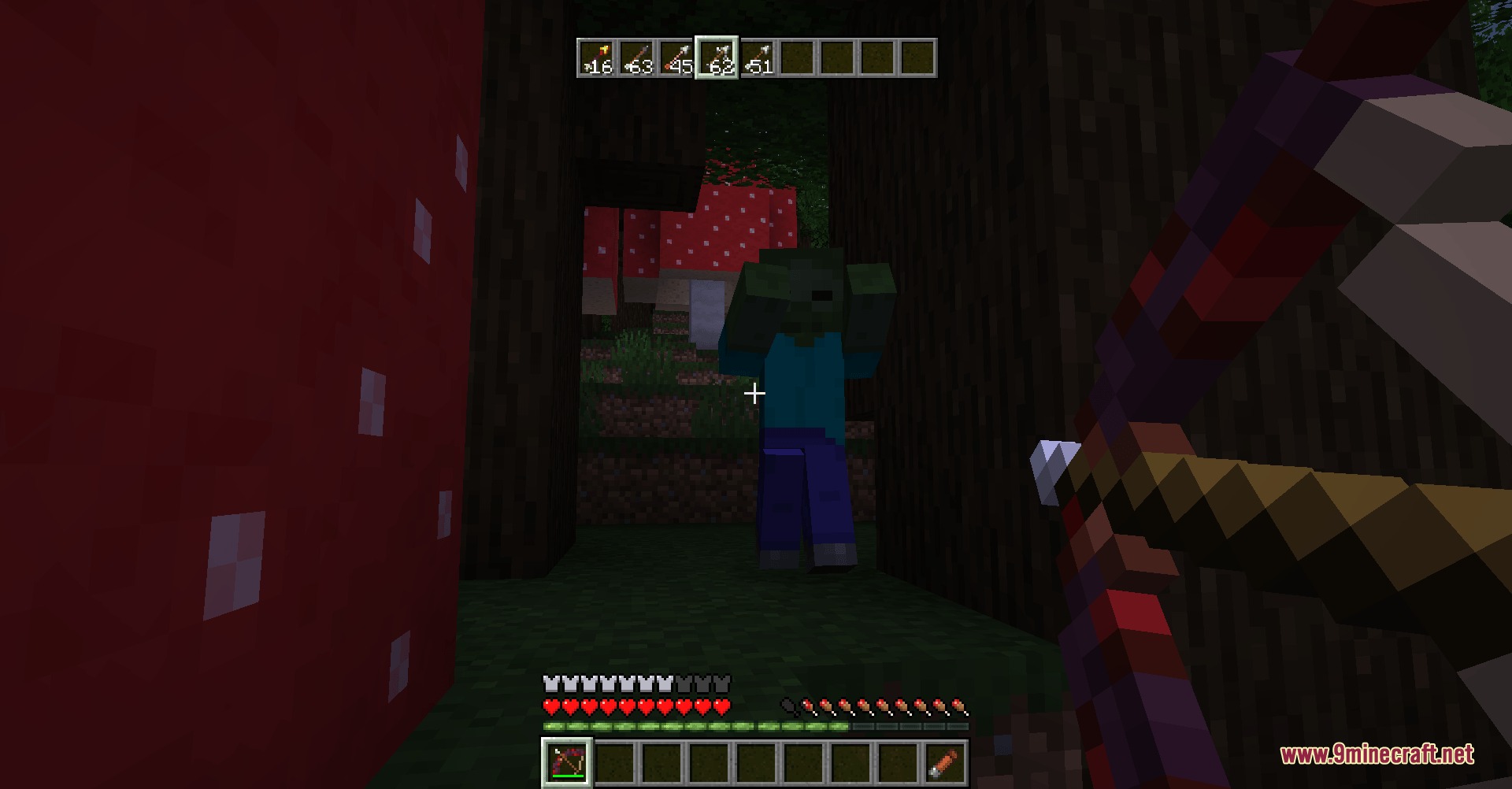 Fletcher's Trestle Archery Mod Screenshot 3 A player aims a custom bow at a zombie in a dark forest