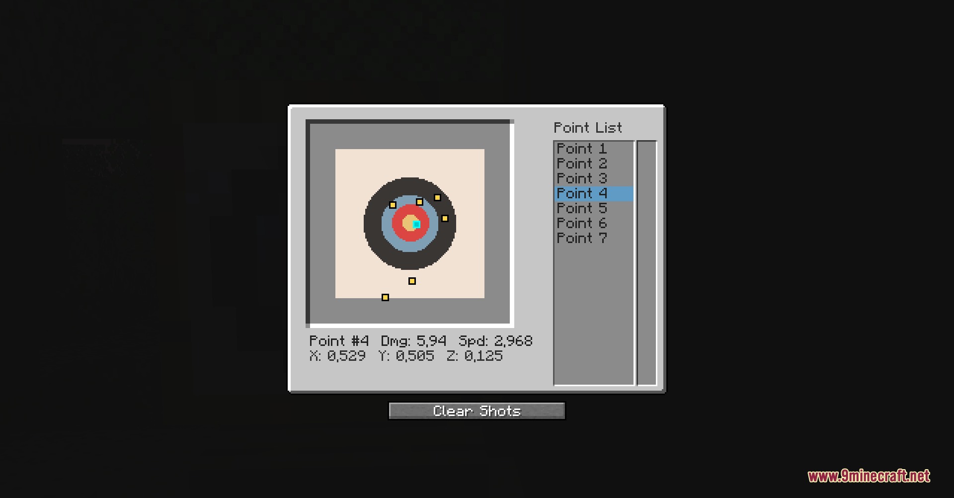 Fletcher's Trestle Archery Mod Screenshot 5 Target practice screen displaying hit accuracy and damage data for archery shots