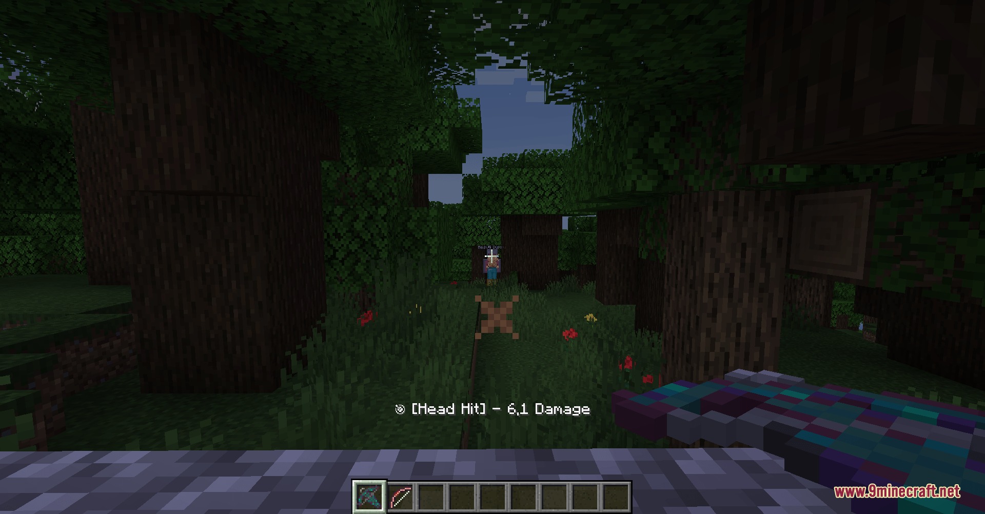 Fletcher's Trestle Archery Mod Screenshot 7 A player deals headshot damage using a custom bow in the woods