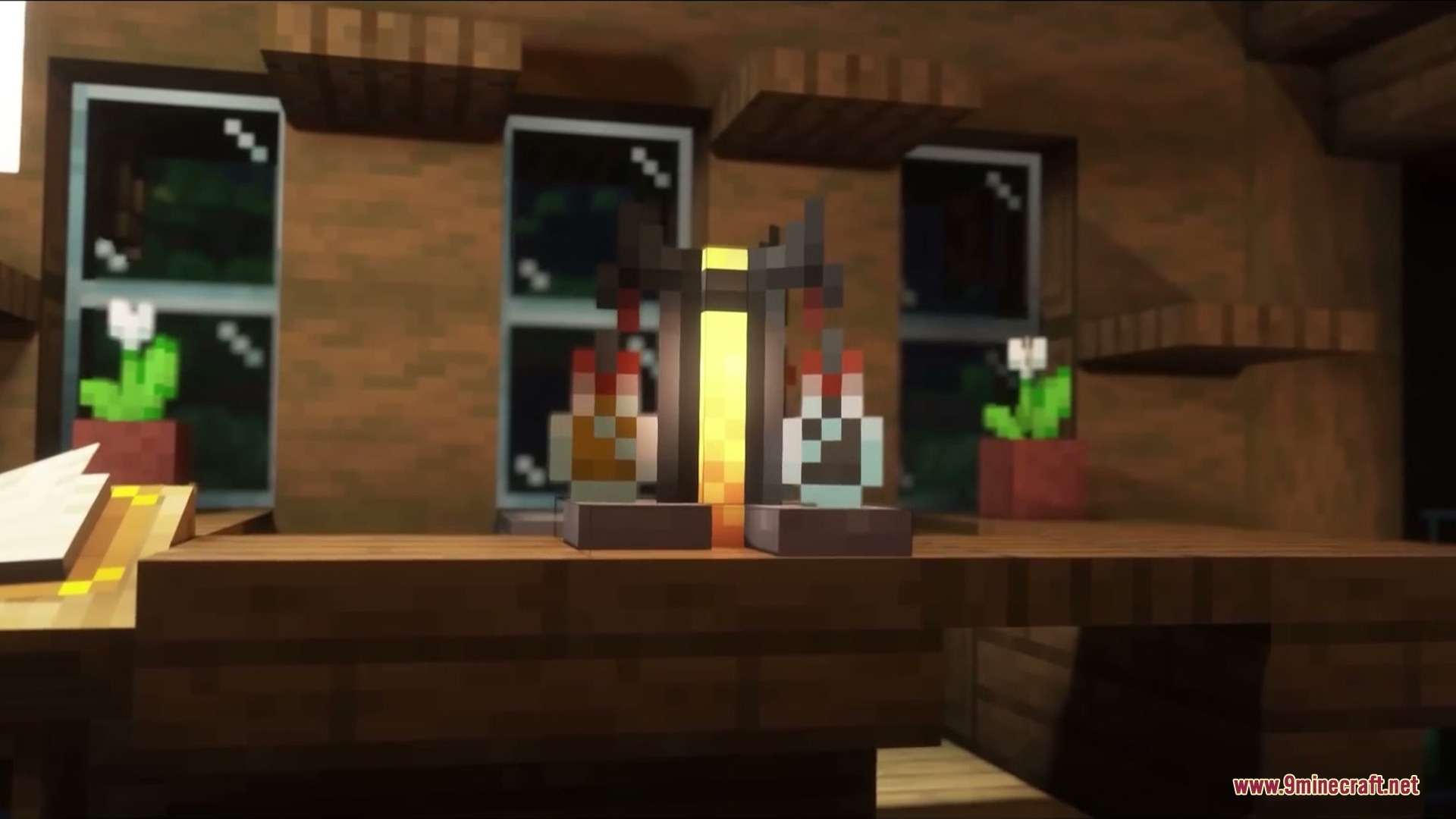 Brewing stand with glowing potions and animated heat effects on a desk