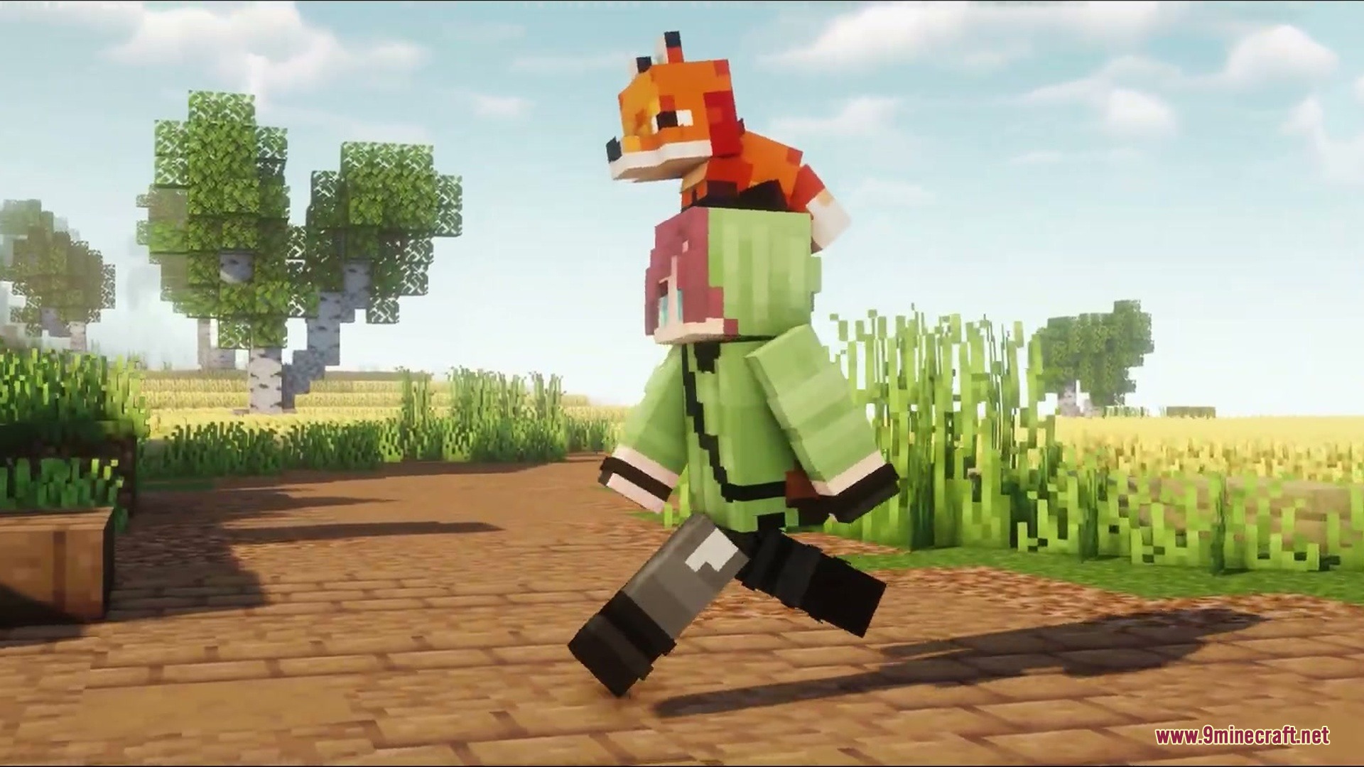 Side view of a player character running with a fox on their head