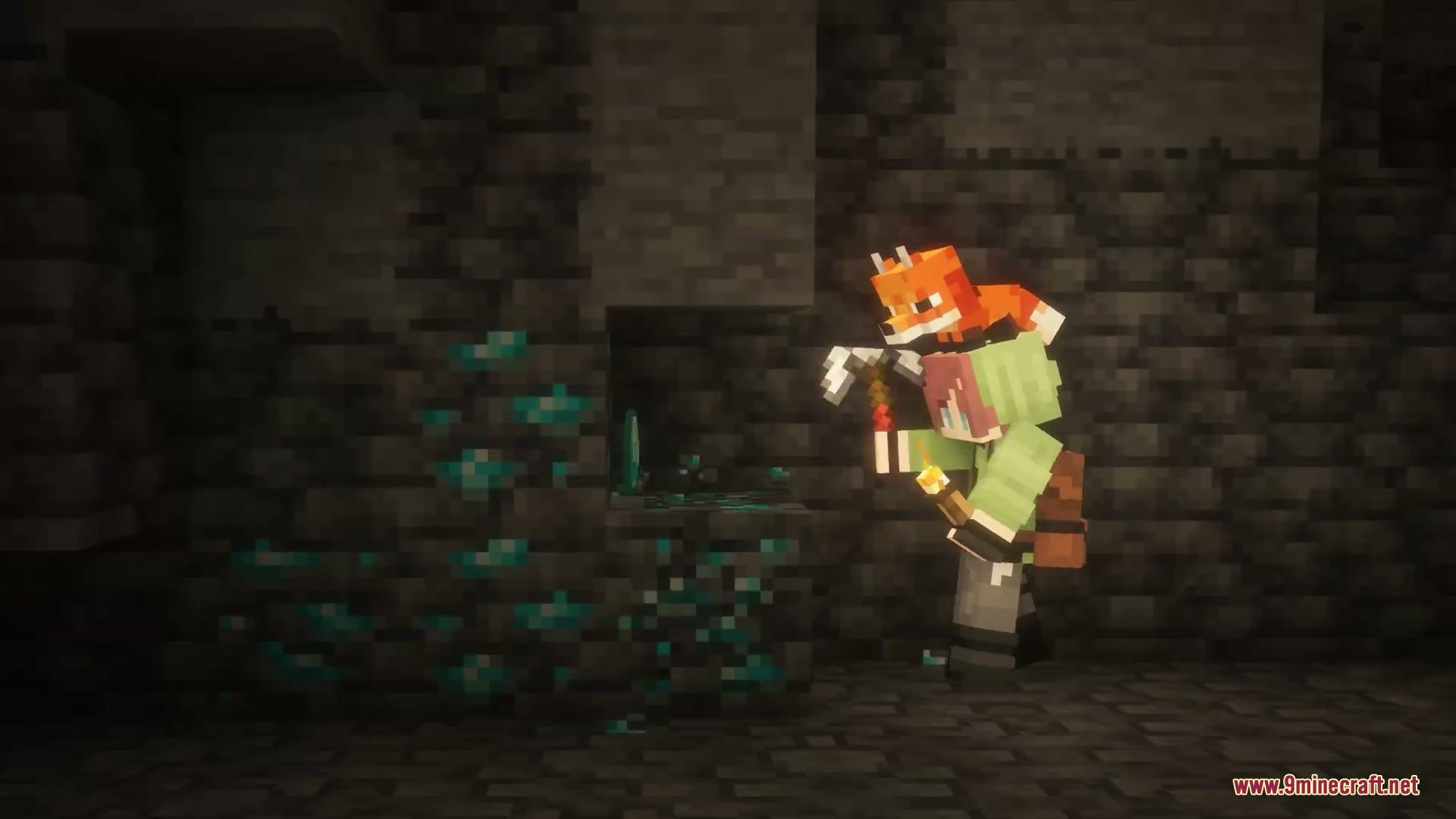 Player character mining diamond ore in a dark cave with realistic swinging motions
