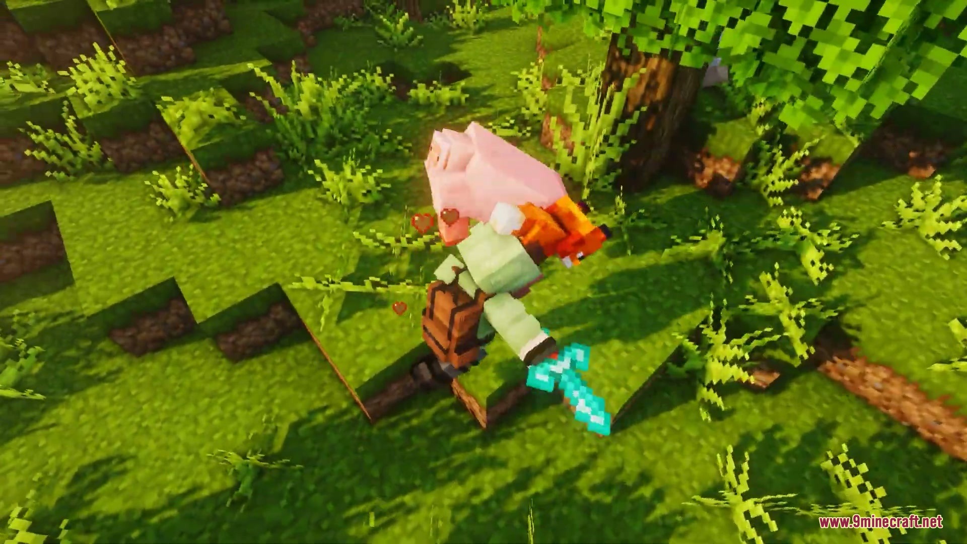 Minecraft player with a fox on head carrying a pig through a forest