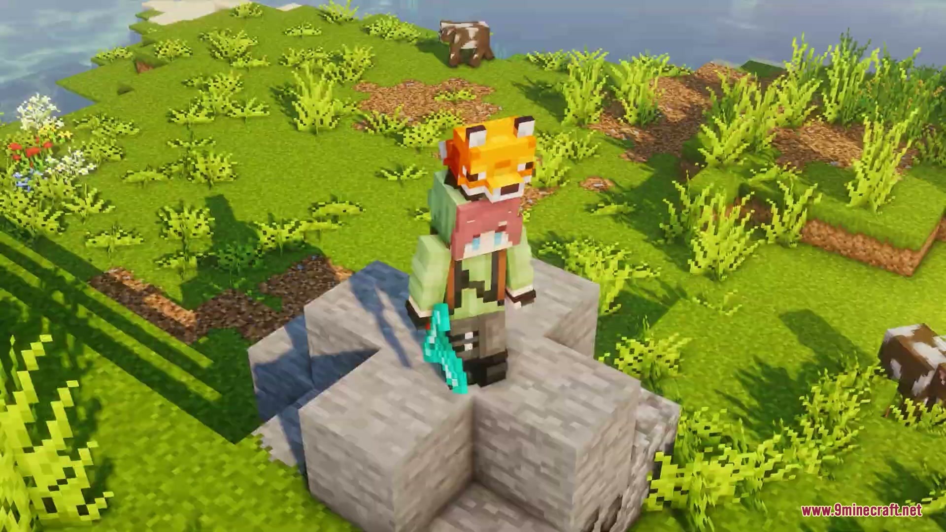 Minecraft character with a fox on head standing on a stone block