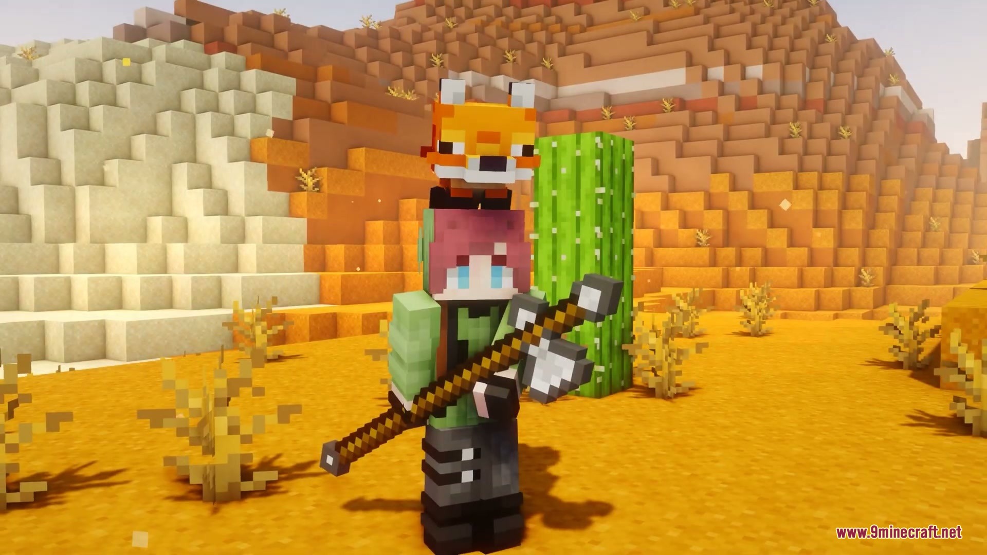 Minecraft character with a fox on head holding a large battle axe