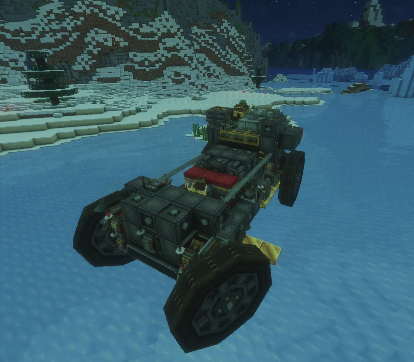 Flying Car Schematic Screenshots 2 The Flying Car Schematic vehicle parked on a frozen Minecraft lake at night