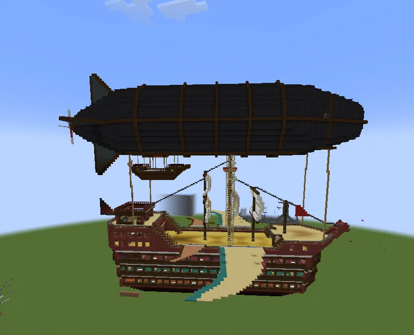 A massive steampunk airship featuring a large black balloon and wooden galleon hull