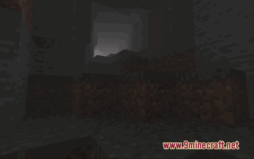 Foggy Pale Garden FPG X Polytone Resource Pack Screenshot 3 Thick fog fills a dark underground cave with brown dirt blocks