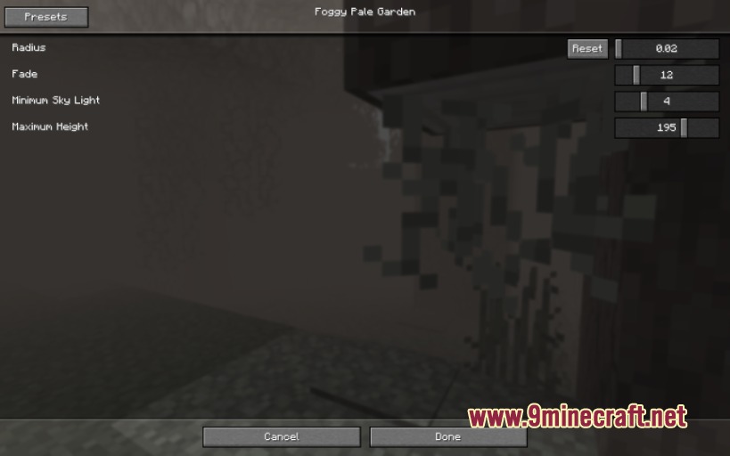 Foggy Pale Garden FPG X Polytone Resource Pack Screenshot 8 Adjusting fog radius and height settings in the custom configuration menu