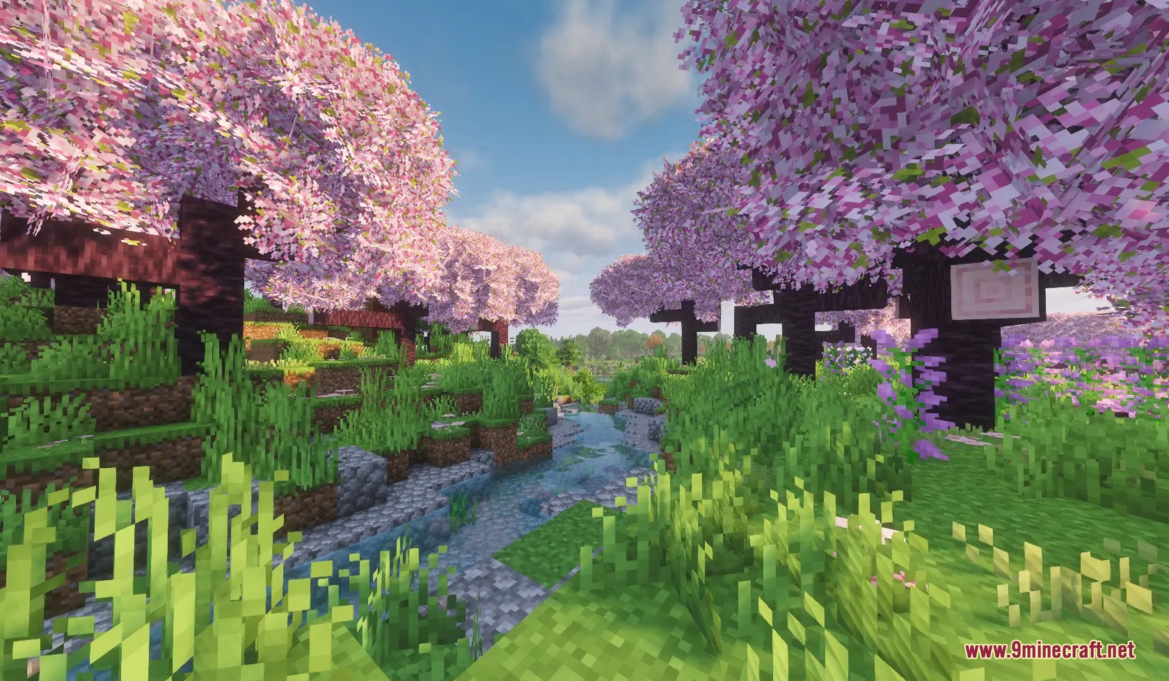 Folium Frond Expansion Mod Screenshot 1 Lush cherry blossom trees with bushy foliage growing along a peaceful stream