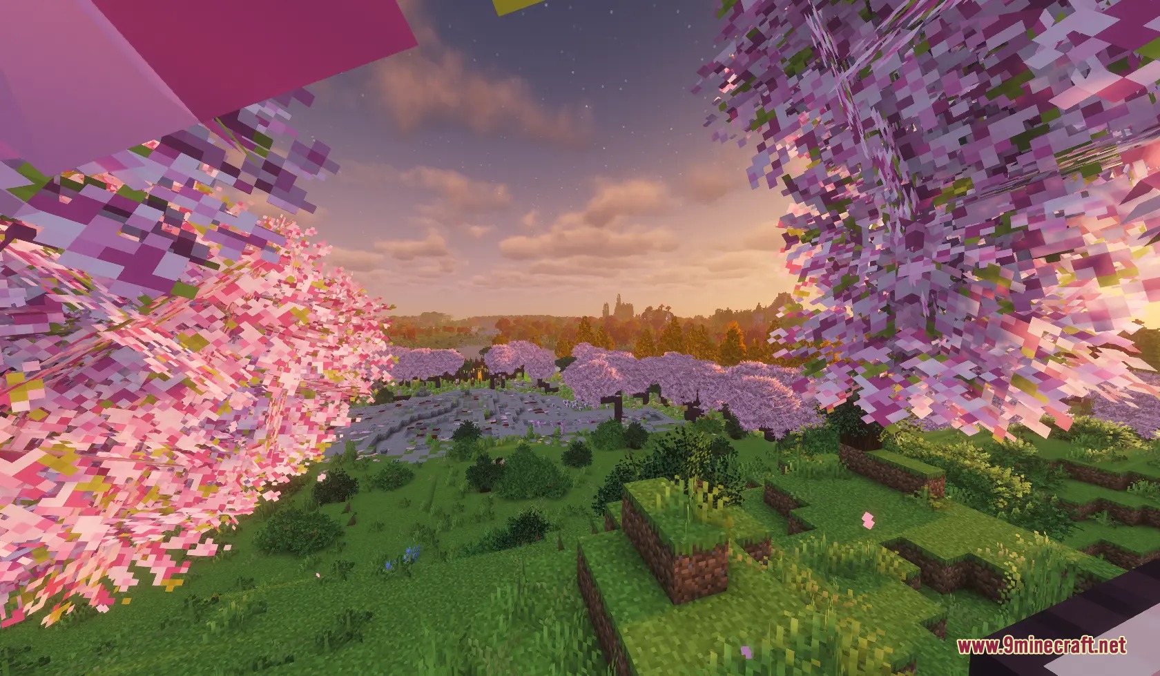 Folium Frond Expansion Mod Screenshot 2 Dense cherry blossom trees with bushy leaves across a wide sunset landscape