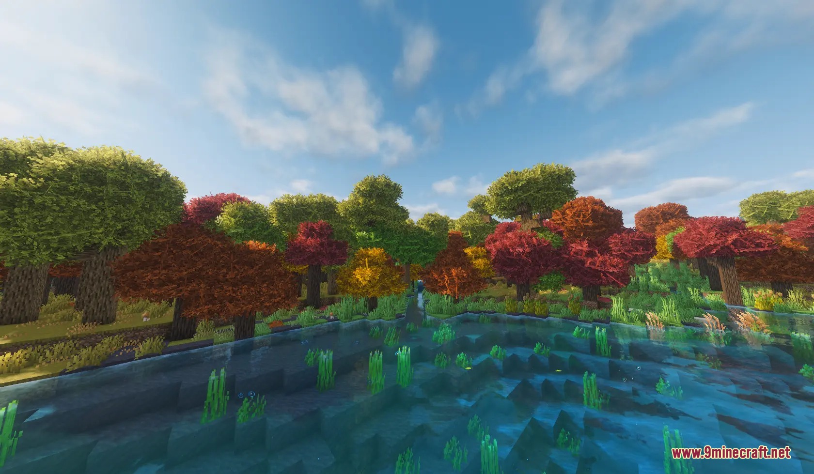 Folium Frond Expansion Mod Screenshot 4 Colorful bushy trees with thick foliage standing along the edge of a pond