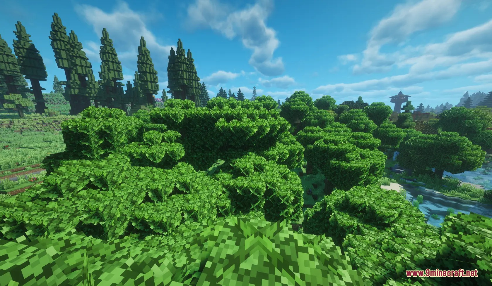 Folium Frond Expansion Mod Screenshot 7 Dense green forest with bushy leaf models and tall trees under a blue sky
