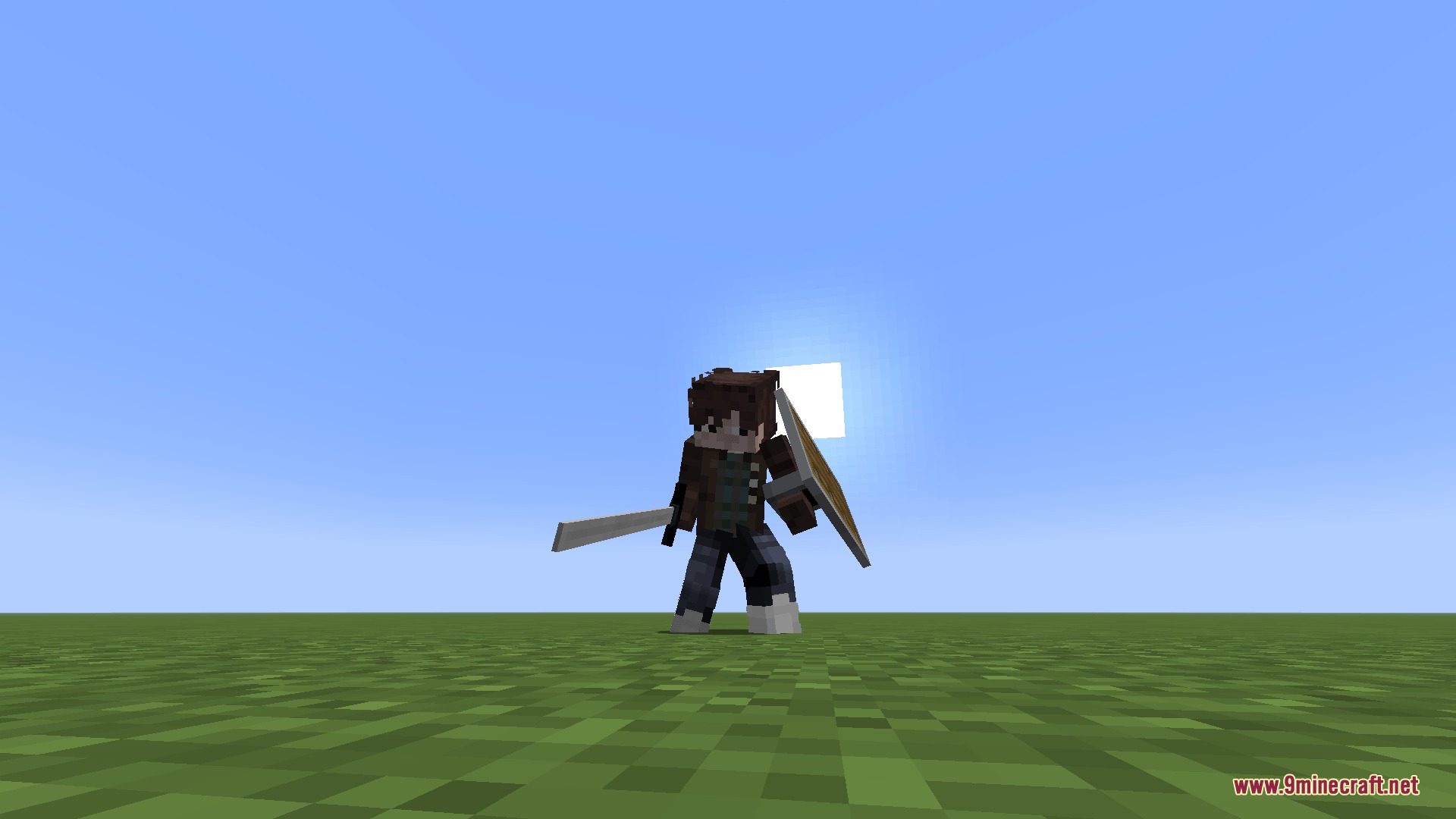 Forgotten Blade Arts Mod Screenshot 1 A Minecraft character prepares for battle with a sword and wooden shield