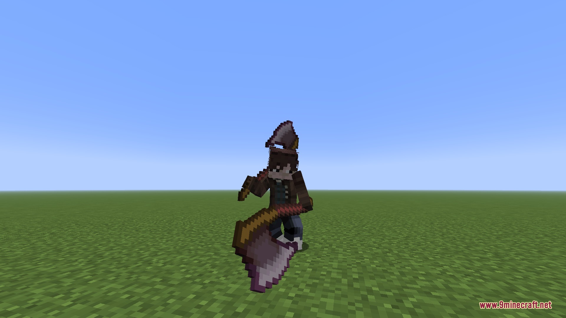 Forgotten Blade Arts Mod Screenshot 2 A Minecraft character dual wields two massive axes in a flat grassy field