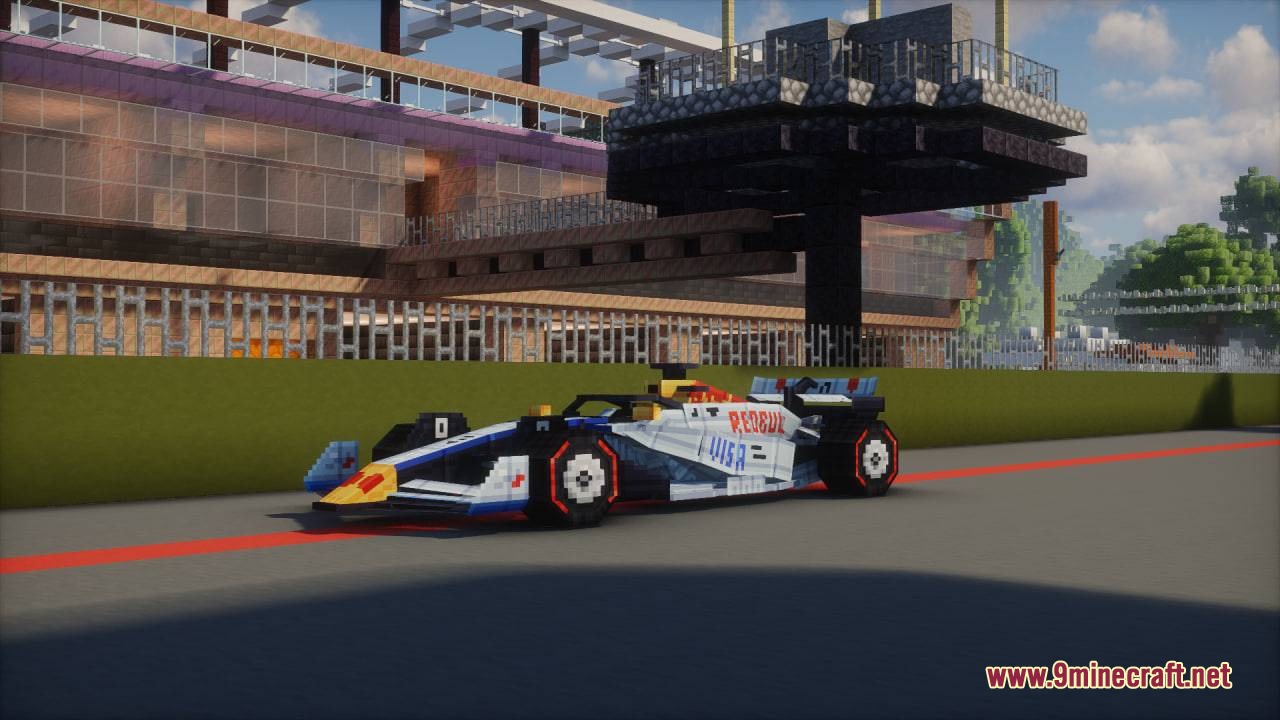 Formula MC Mod Screenshot 5 A white and blue racing car parked on a Minecraft race track
