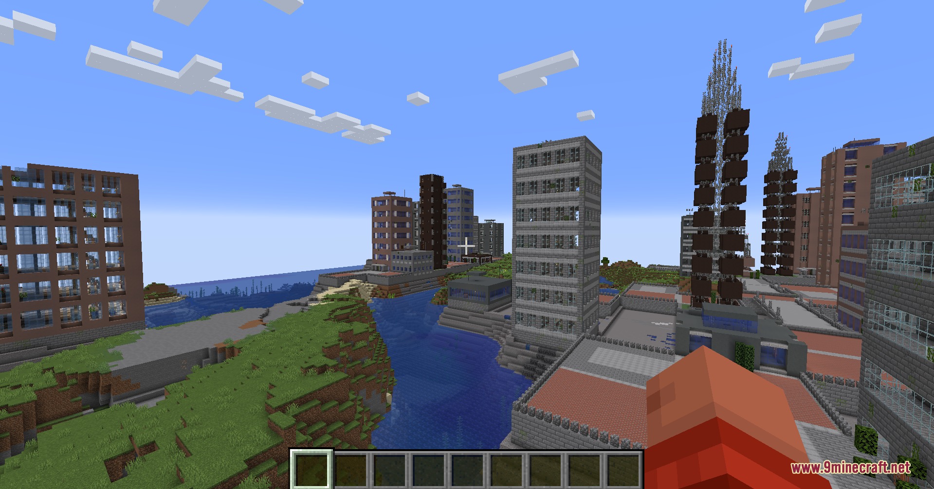 Forsaken Concrete Jungle Mod Screenshot 2 A sprawling abandoned city with tall buildings next to a river