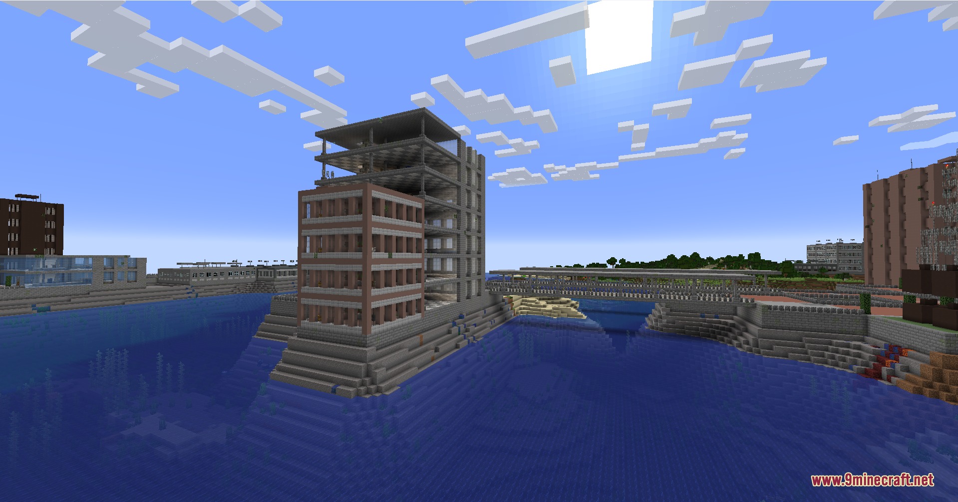 Forsaken Concrete Jungle Mod Screenshot 5 Abandoned multistory buildings and a bridge overlooking a large body of water