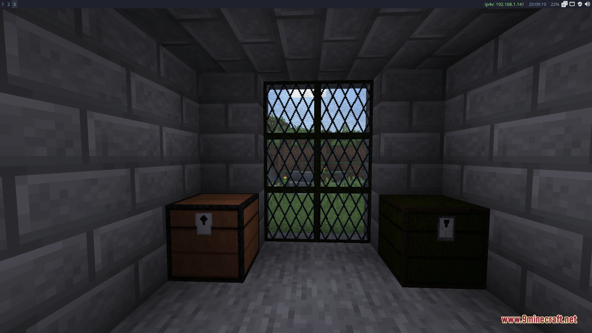Fortress Interior Works Mod Screenshot 2 Two lockable storage chests placed inside a stone brick room with windows
