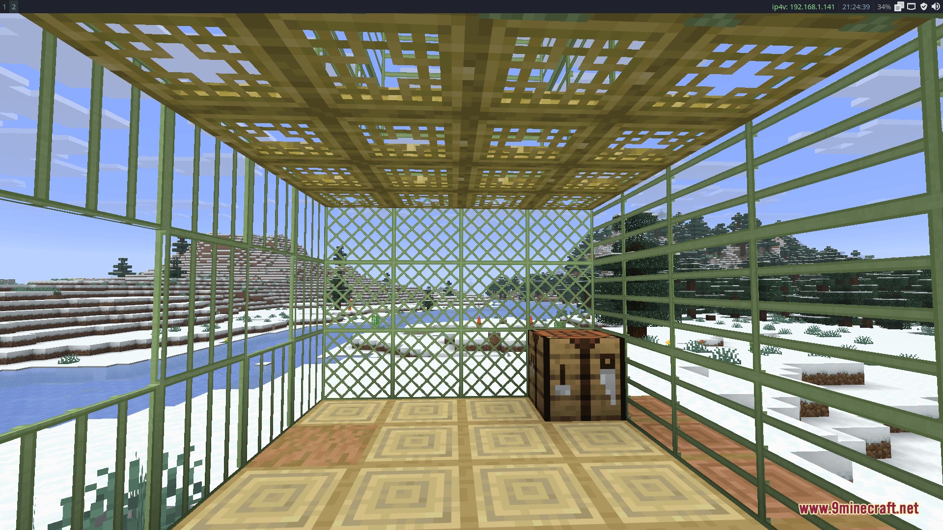 Fortress Interior Works Mod Screenshot 7 A cozy room built with wooden lattice windows overlooking a snowy landscape
