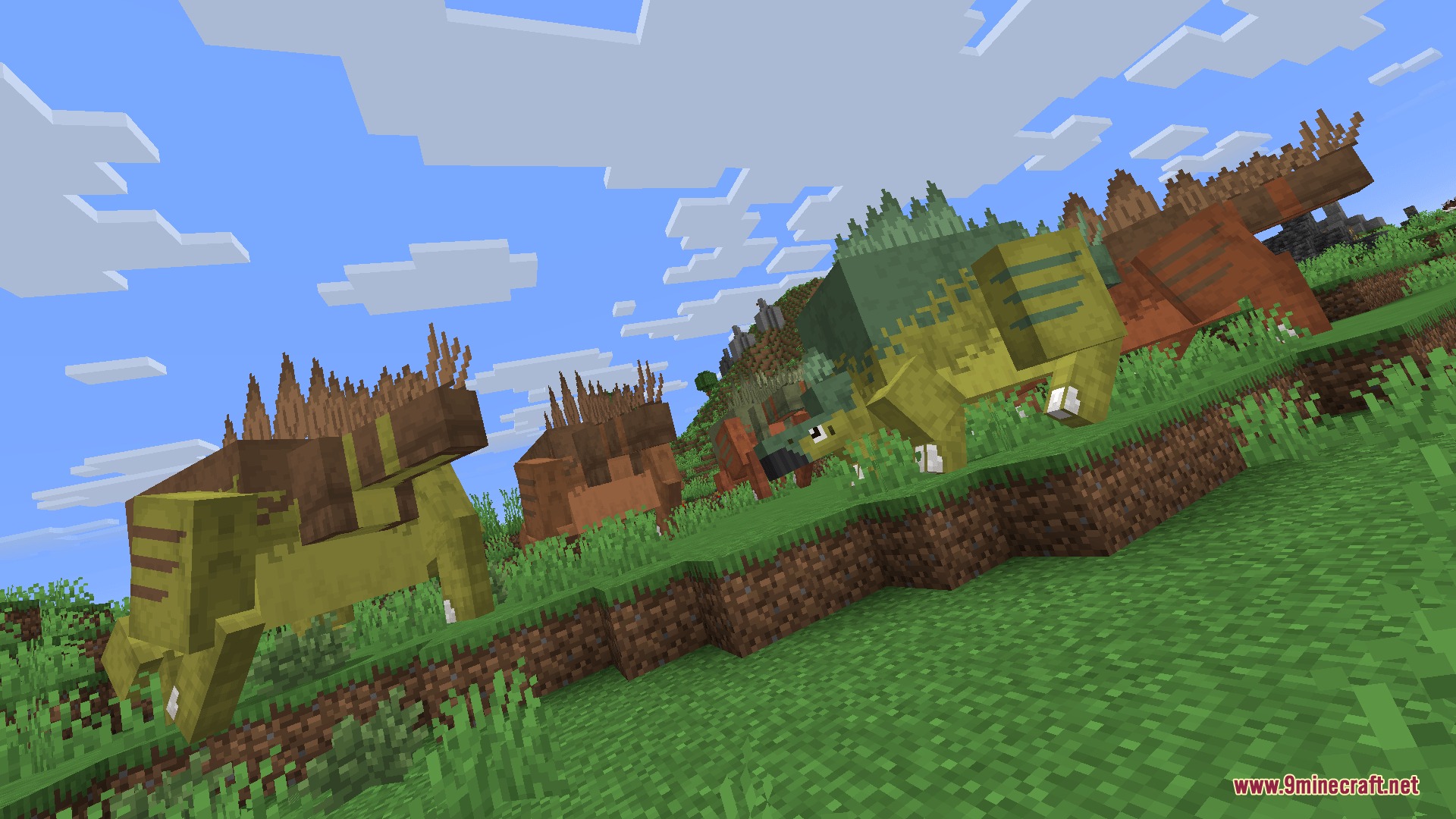 Fossils&Archeology Origins Mod Screenshot 4 A herd of Stegosaurus dinosaurs grazing together in a lush green Minecraft biome