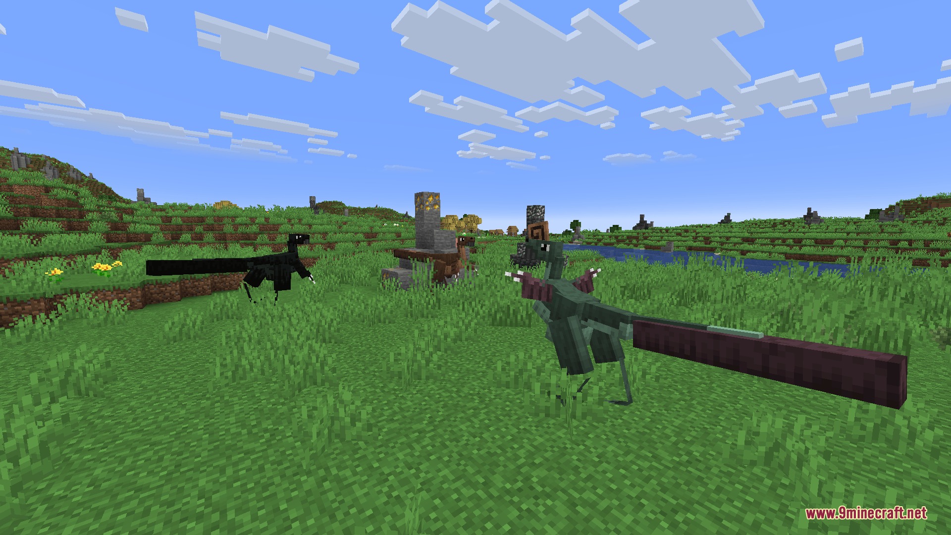 Fossils&Archeology Origins Mod Screenshot 5 Two feathered dinosaurs stand in a grassy field under a bright blue sky