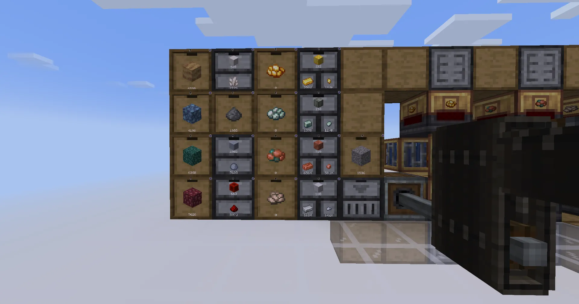 Four Horsemen Ore Farm Schematic Screenshots 1 Storage drawers displaying quantities of zinc iron copper and gold from the farm