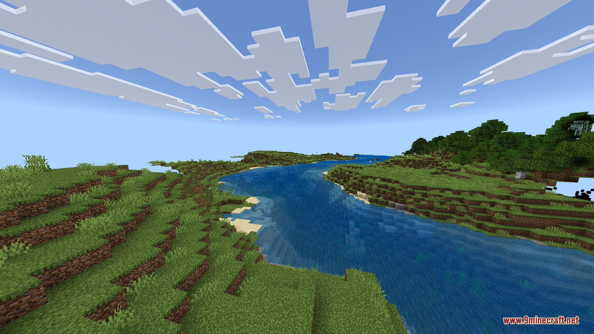 Vibrant lighting enhances a scenic Minecraft landscape with a winding blue river