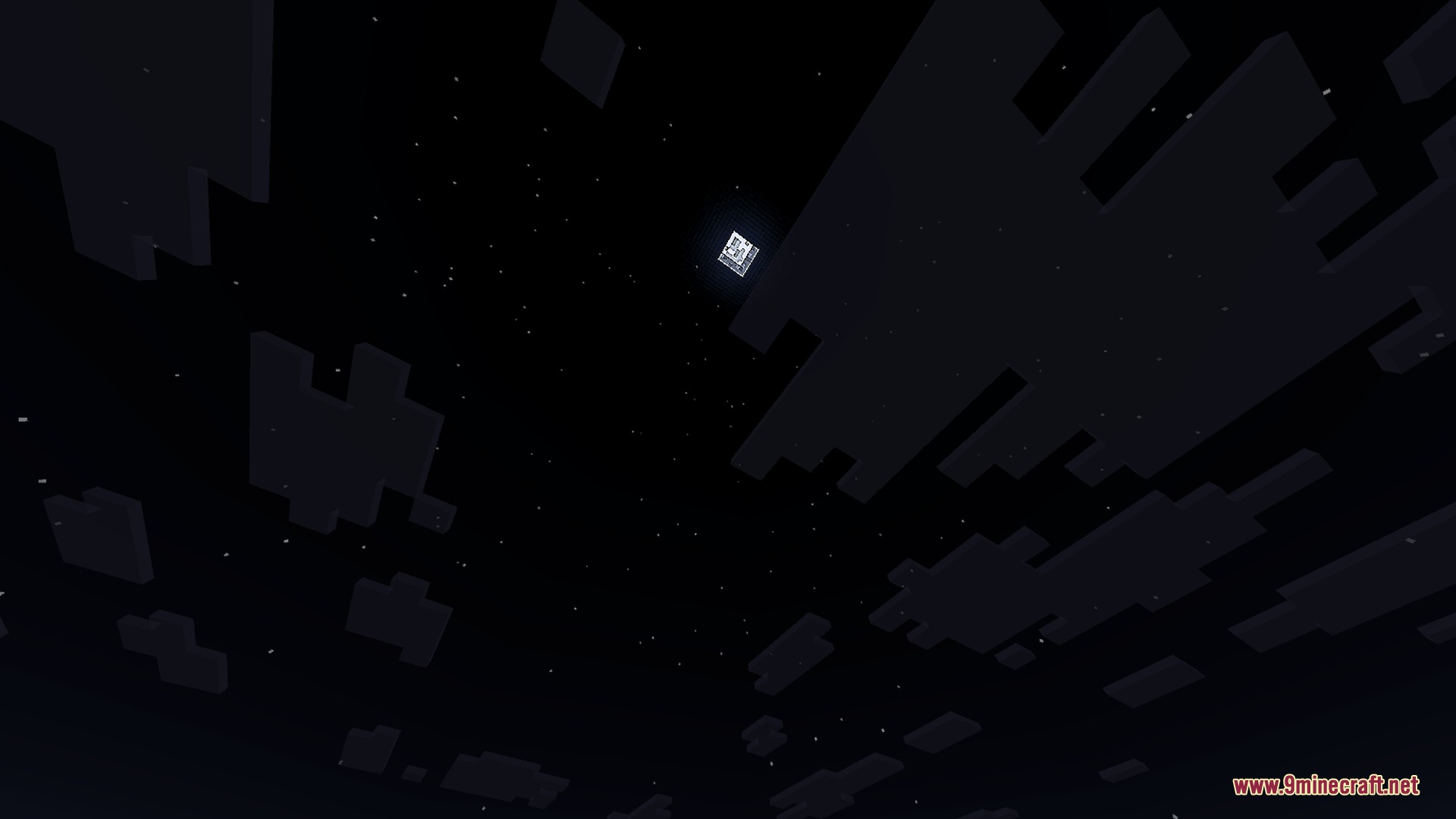 A dark night sky in Minecraft with blocky clouds and a bright moon