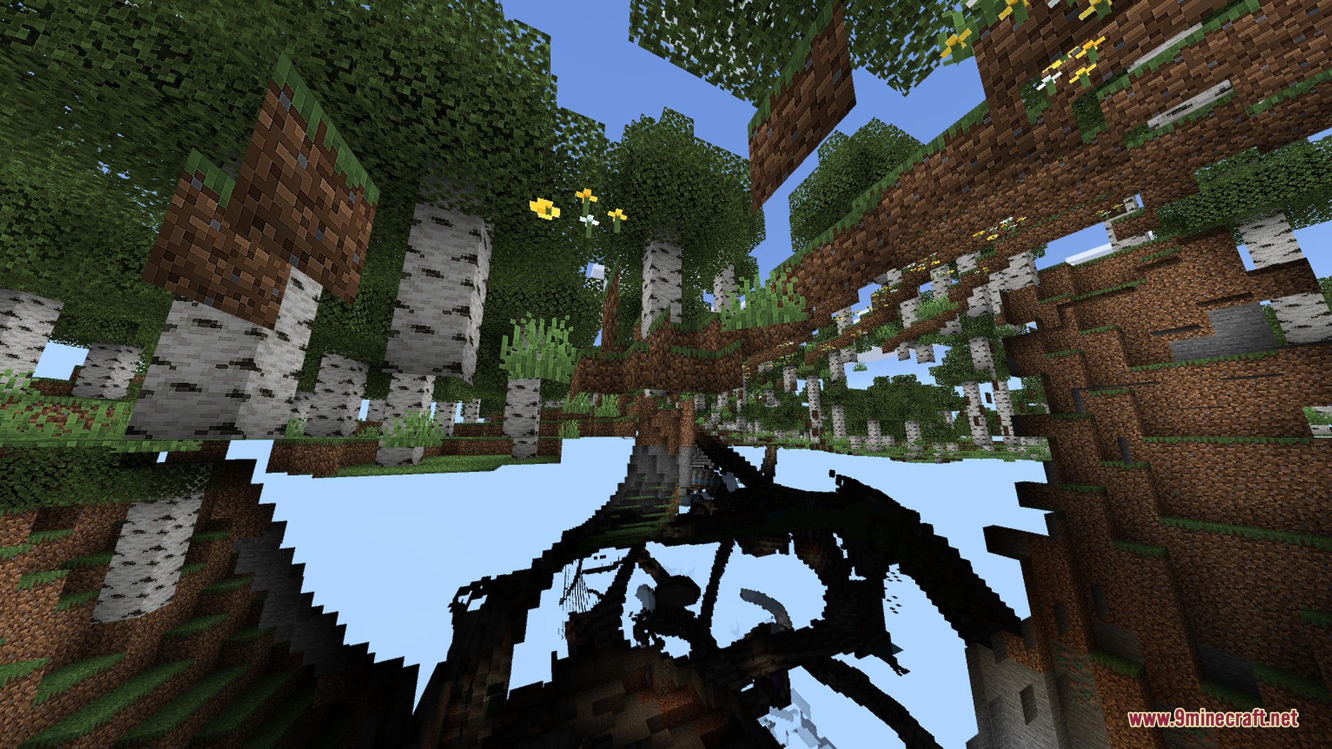 Glitched birch forest view with transparent blocks showing the bright blue sky
