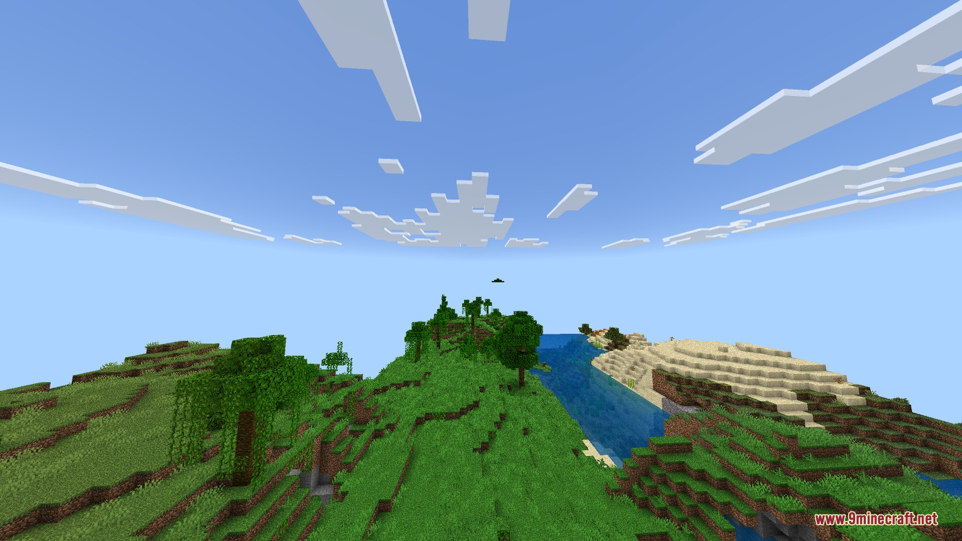 Vibrant Minecraft landscape with green hills a river and clear blue sky