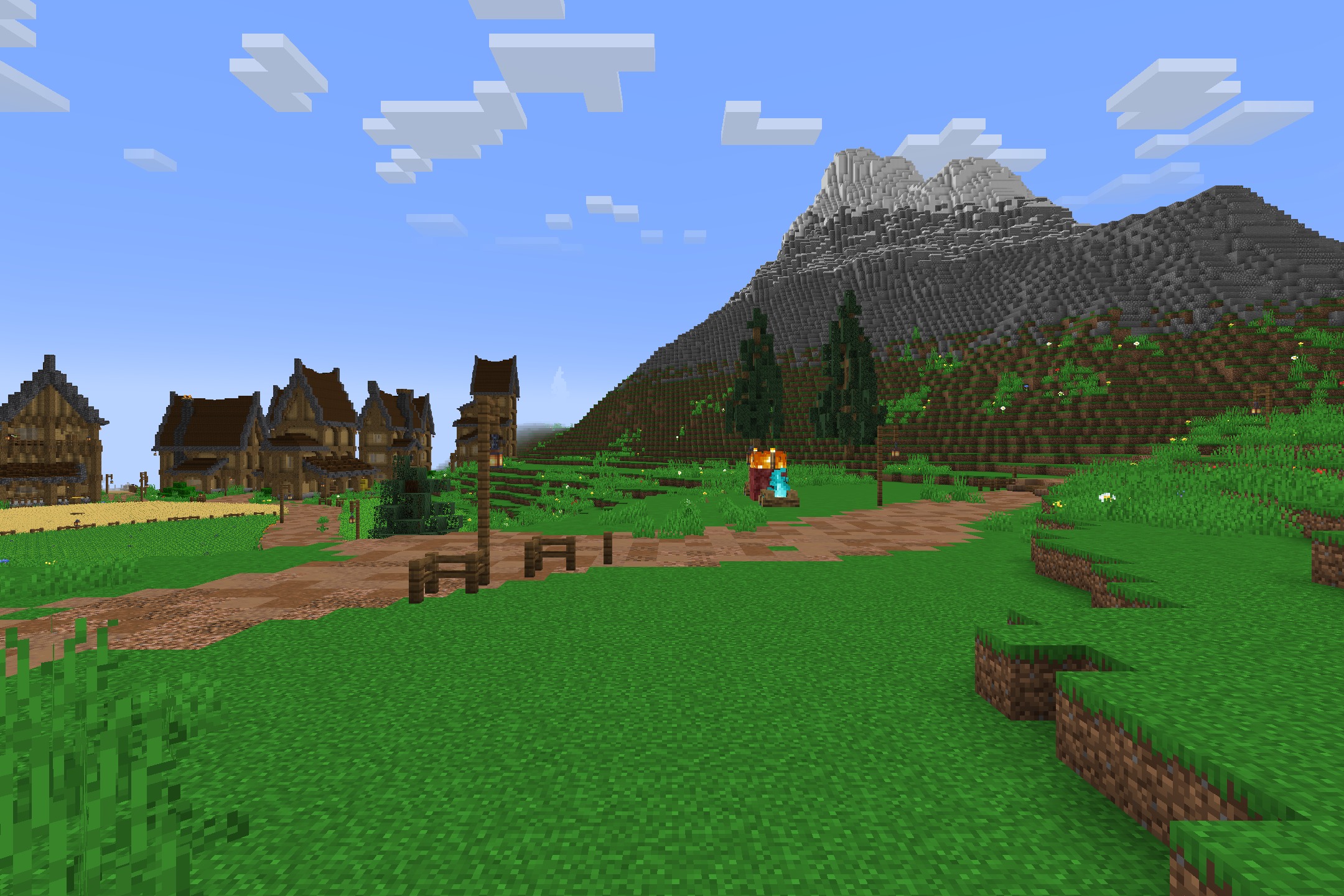 Fps Boost Pack by Verse Playz XD Resource Pack Screenshot 2 Scenic view of a village with a dirt path leading toward a mountain