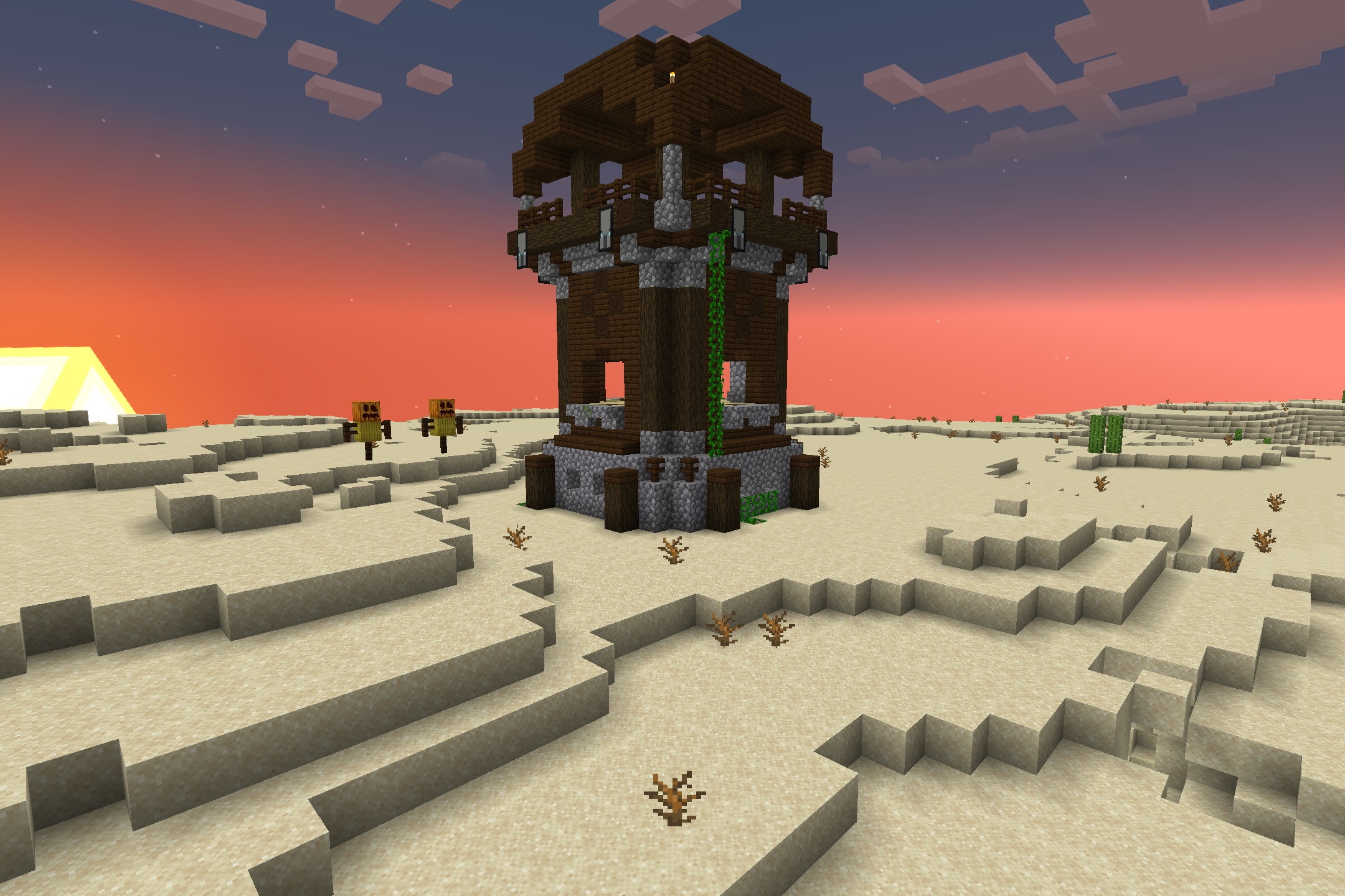 Fps Boost Pack by Verse Playz XD Resource Pack Screenshot 7 A Pillager Outpost stands in a desert biome during a colorful sunset