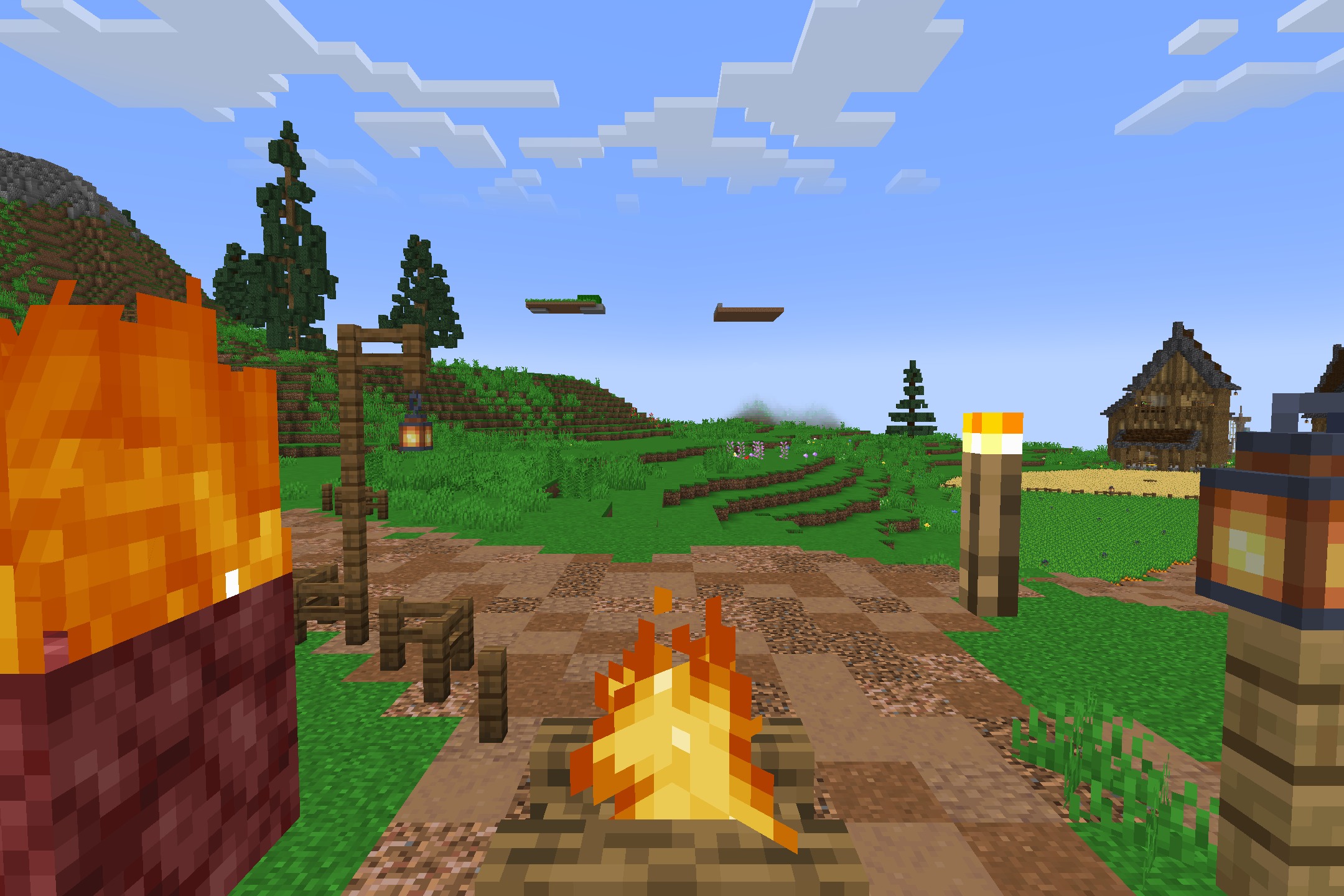 Fps Boost Pack by Verse Playz XD Resource Pack Screenshot 8 Campfires burn on a dirt path leading toward a small wooden house