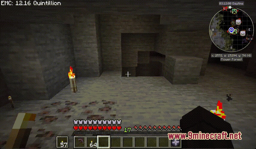 Fractal Fracture Mod Screenshot 1 Player exploring a dark cave with torches and a minimap display