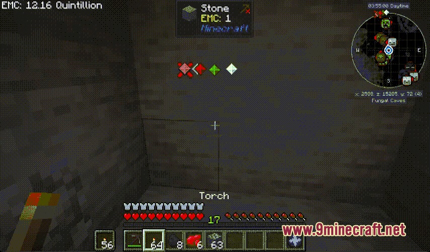 Fractal Fracture Mod Screenshot 3 Player holding a torch while viewing Fractal Fracture mining pattern icons in cave
