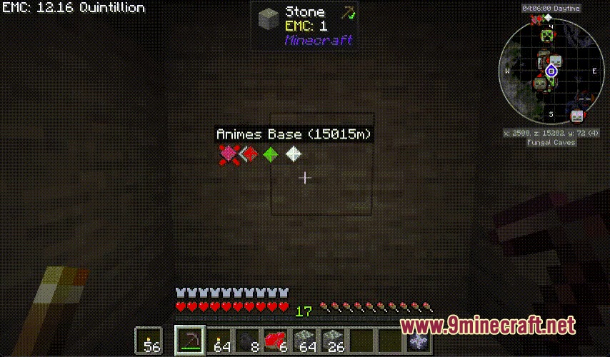 Fractal Fracture Mod Screenshot 4 A player holds a pickaxe while viewing mining patterns and a distant waypoint