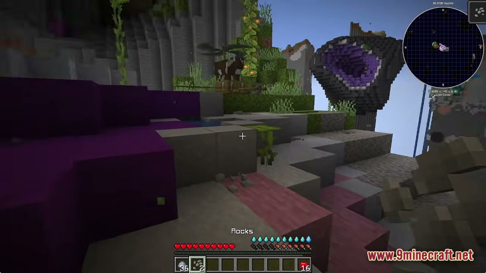 A floating amethyst geode and lush vegetation overlook a fractured landscape with purple blocks and stone