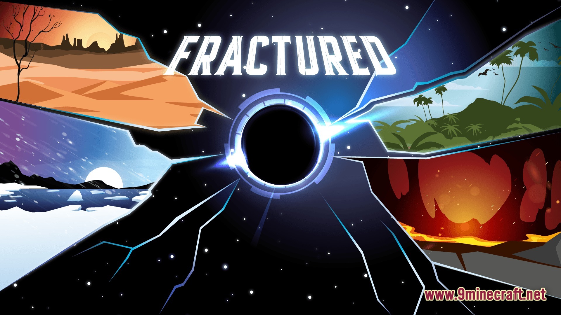 A central black hole surrounded by shards depicting desert, jungle, arctic, and volcanic biomes