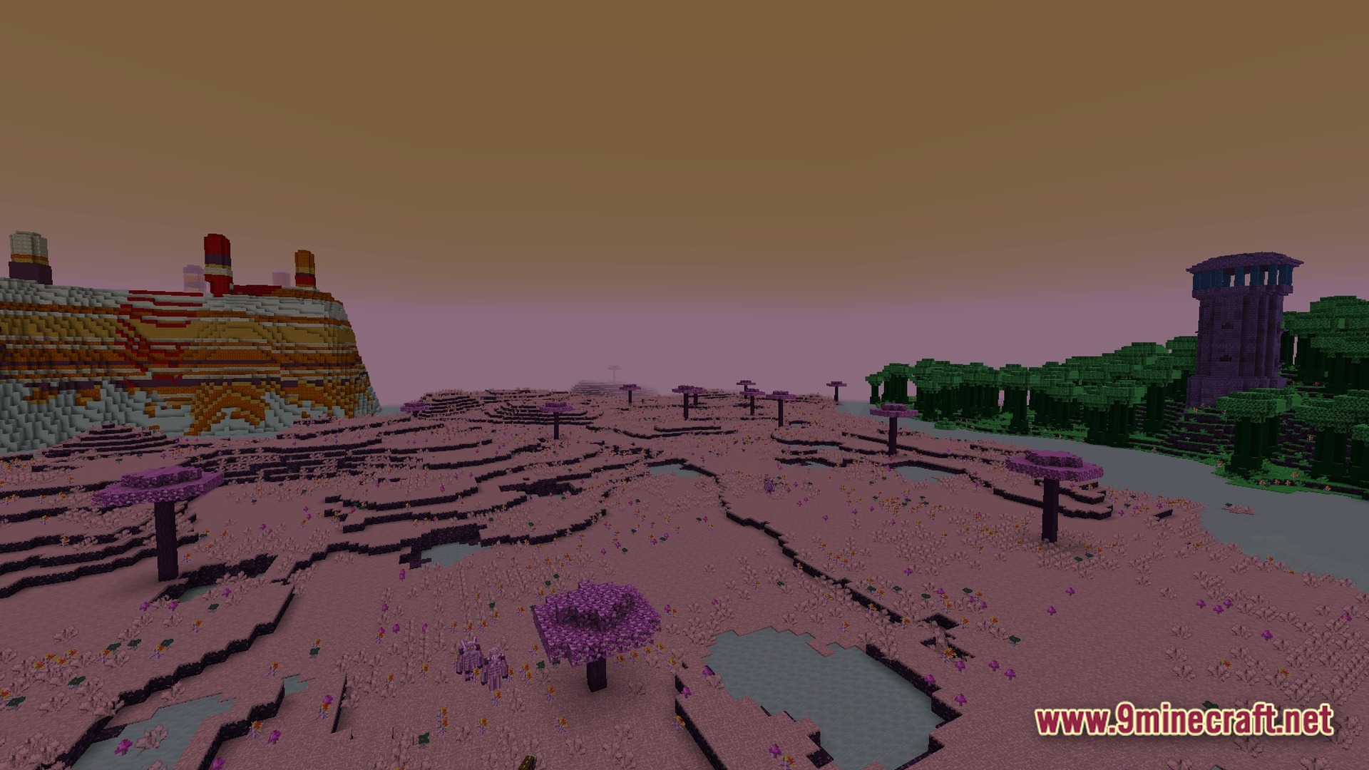 Purple trees and pink terrain in a custom biome featuring a stone tower and mesa cliffs