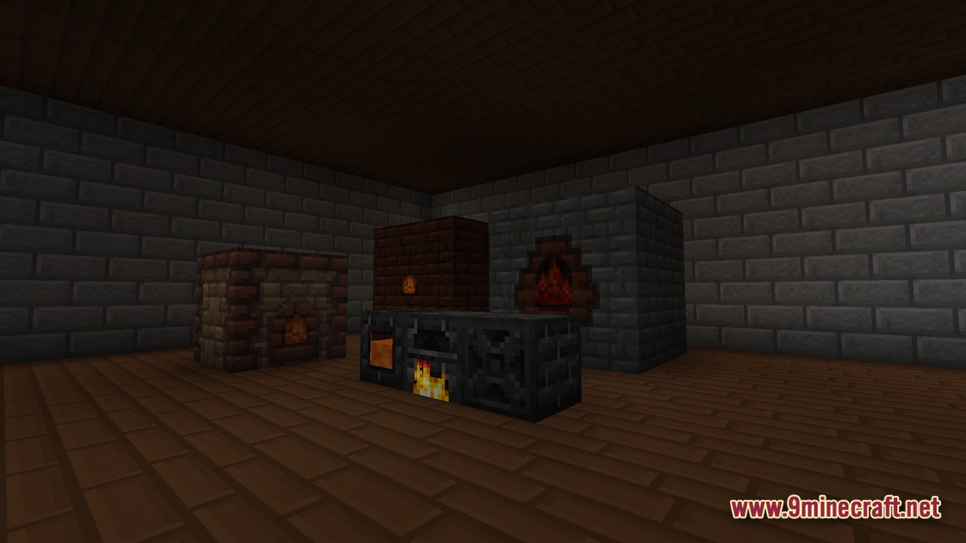 Various multiblock smelting and processing machines arranged inside a stone brick and wooden room