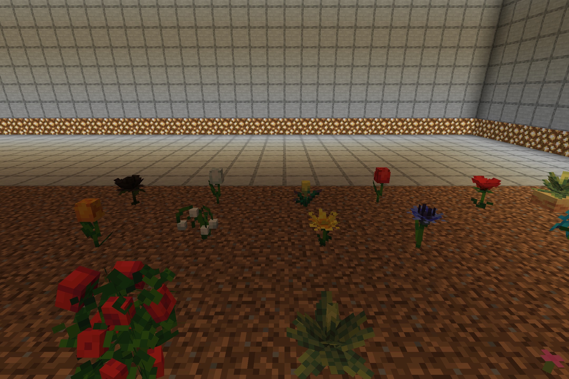 Fragrant Flowers Expanded Resource Pack Screenshot 4 A variety of 3D flowers and bushes growing on dirt blocks
